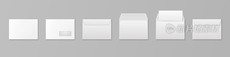 矢量3d现实白纸空白信封与信页和窗口隔离。C5, C6, A6, C6, A5, C5尺寸。设计模板的模型。开启和关闭。俯视图或前视图